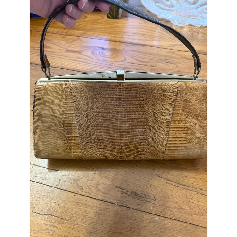 Vtg‎ Sterling USA Genuine Lizard Skin Clutch Evening Handbag Gold Tone Clasp